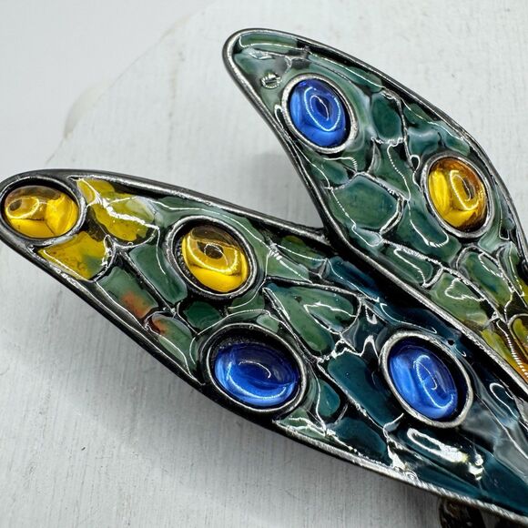Erwin Pearl Colorful Dragonfly Brooch Enamel Gripoix Style Blue Green Insect Big - Picture 12 of 15